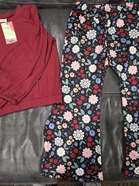 Red Ribbed Top with Black Floral Flare Pants